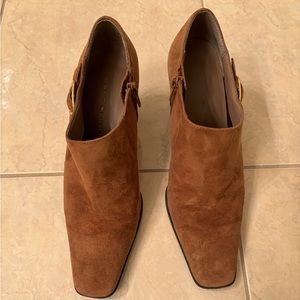 Bandolino Tan suede buckled booties, 3” heel